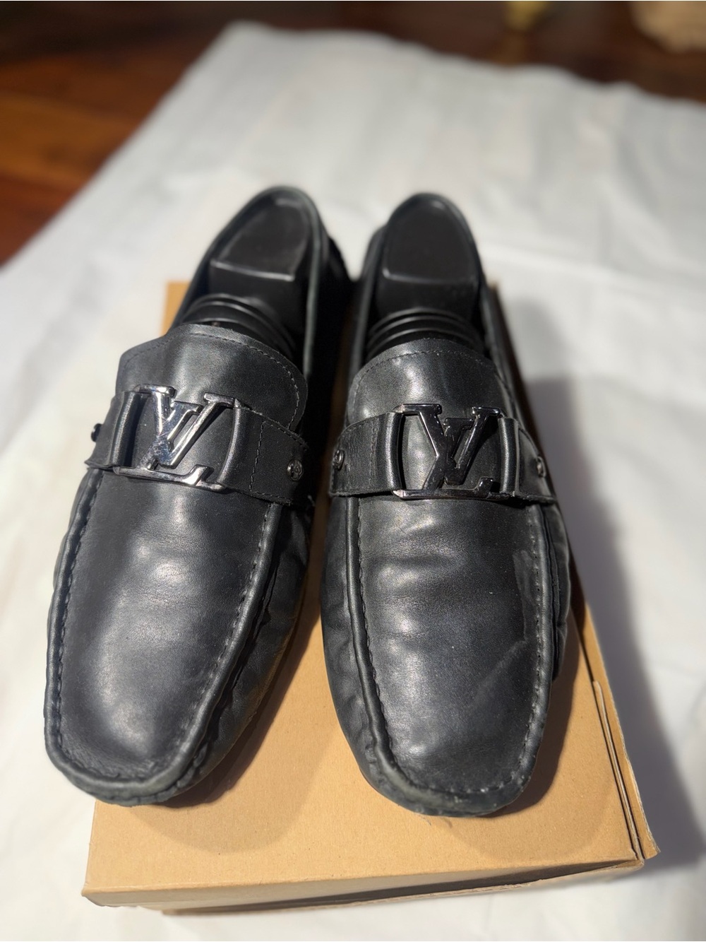 Louis Vuitton Black Leather Men's Slip-On Loafers with LV Metal Crest